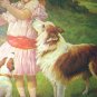 **REDUCED**Sweet Vintage Large Flawed Print-Girl,Collie Dog,Picnic Basket