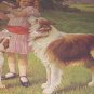 **REDUCED**Sweet Vintage Large Flawed Print-Girl,Collie Dog,Picnic Basket