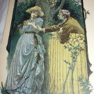 Antique Coloured Engraving-Man Romancing Victorian Lady in Rose Garden