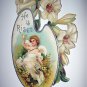 Antique Diecut-He Is Risen-Angel holding butterfly,white lily flowers