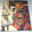 J.F.KERNAN-Young Boy,Dog In Bed,Alarm Clock Ringing-Vntg Magazine Artwork