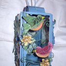 Blue Painted Hanging Candle Holder-Handpainted Crackle Birds and Flowers