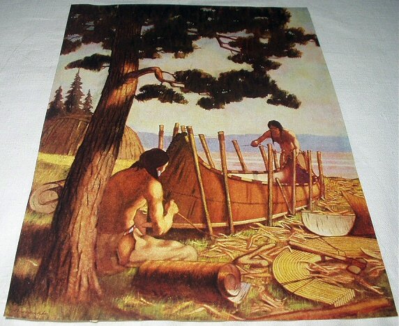 Native American Indians Building a Canoe by the Ocean ...