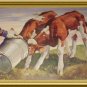 Charming Farming Print of two young calfs taking a drink