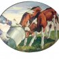 Charming Farming Print of two young calfs taking a drink