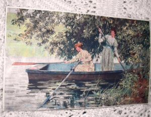 Antique Print Two Victorian Women Rowing Boat Colorful Artist Francis G Jones