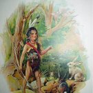 Hiawatha in the Forest-Antique Chromolithograph Print-Young Brave with rabbits