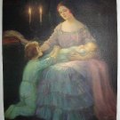 Eventide-Gorgeous Vntg Lithograph Print-Mother in candlelight,Holding Baby