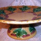 Majolica Pottery Footed Pedestal Compote,Tazza or Cake Stand,Grape Leaves,Berries