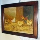 Hens Rooster Pecking Artist J D Sorvey 1893 Antique Chromolithograph Print Cherry Wood Frame