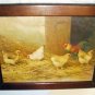 Hens Rooster Pecking Artist J D Sorvey 1893 Antique Chromolithograph Print Cherry Wood Frame