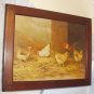 Hens Rooster Pecking Artist J D Sorvey 1893 Antique Chromolithograph Print Cherry Wood Frame