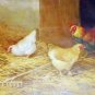 Hens Rooster Pecking Artist J D Sorvey 1893 Antique Chromolithograph Print Cherry Wood Frame