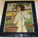 Girl Picking Cherries International Harvester Original 1920Antique Advertising Calendar Lithograph