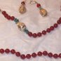 Cherry Red Catalin Beaded Necklace & Earrings Set Turquoise Stones Vintage Hand Stung Rare