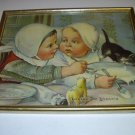 Young Little Girls Eating Small Black Kitten Between Two Litigants Antique Original 1907 Young Little Girls Eating Small Black Kitten Between Two Litigants Antique Original 1907