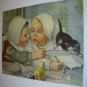 Young Little Girls Eating Small Black Kitten Between Two Litigants Antique Original 1907