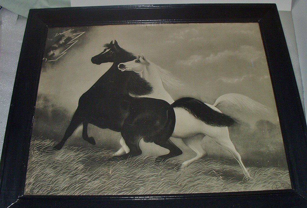Spirited Horses No. 2 Original 1908 Black and White Horses Running From