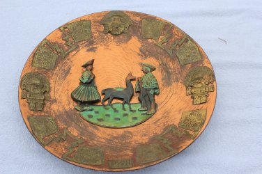 *** SOLD *** Peruvian copper wall plates With Brass Enamel Set INCA LAMA PLAQUE