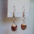 Tan White Bronze Oval Murano Lampwork Glass Handcrafted Dangle Earrings
