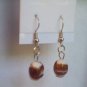 Tan White Bronze Oval Murano Lampwork Glass Handcrafted Dangle Earrings