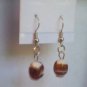 Tan White Bronze Oval Murano Lampwork Glass Handcrafted Dangle Earrings