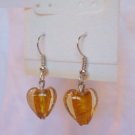 Amber Heart Silver Foil Lampwork Glass Handcrafted Dangle Earrings
