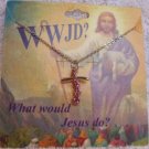 Silver Tone Cross Pendant Choker Necklace WWJD Pink Gem Christian Contemporary