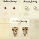 Lot 3 Clear Owl White Pearl Tone Red Crystal Stud Earrings
