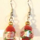 Red Oval Silver Lampwork Pink Rose Millefiori Dangle Earrings