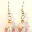White Oval Silver Lampwork Pink Rose Millefiori Dangle Earrings