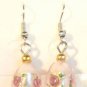 White Oval Silver Lampwork Pink Rose Millefiori Dangle Earrings