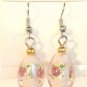 White Oval Silver Lampwork Pink Rose Millefiori Dangle Earrings