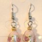 White Oval Silver Lampwork Pink Rose Millefiori Dangle Earrings