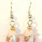 White Oval Silver Lampwork Pink Rose Millefiori Dangle Earrings