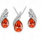 Orange Austrian Crystal Teardrop Necklace Stud Earrings White Gold Plated 18K