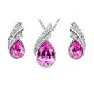Pink Austrian Crystal Teardrop Necklace Set Stud Earrings White Gold Plated 18K