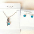 Aqua Blue Crystal Pendant Necklace Set Stud Earrings White Gold Plated 18K