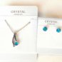 Aqua Blue Crystal Pendant Necklace Set Stud Earrings White Gold Plated 18K
