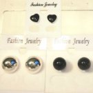Lot 3 Black Stud Sparkle Heart Silver Tone Earrings