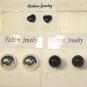 Lot 3 Black Stud Sparkle Heart Silver Tone Earrings