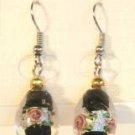 Black Oval Silver Lampwork Pink Rose Millifori Dangle Earrings
