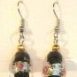 Black Oval Silver Lampwork Pink Rose Millifori Dangle Earrings