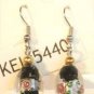 Black Oval Silver Lampwork Pink Rose Millifori Dangle Earrings