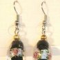 Black Oval Silver Lampwork Pink Rose Millifori Dangle Earrings