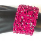 Hot Pink Black Silver Tone Seed Bead Wire Wrap Cuff Bracelet