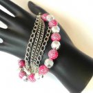 Pink Silver Tone Faceted  Bead Bracelet Polka Dots Chains