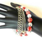 Red Silver Tone Faceted  Bead Bracelet Polka Dots Chains