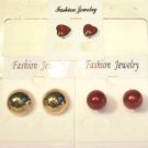 Lot 3 Red Stud Sparkle Heart Gold Tone Earrings