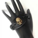 Black Hemp Leather Bracelet Gold Tone Skull Sex Pot